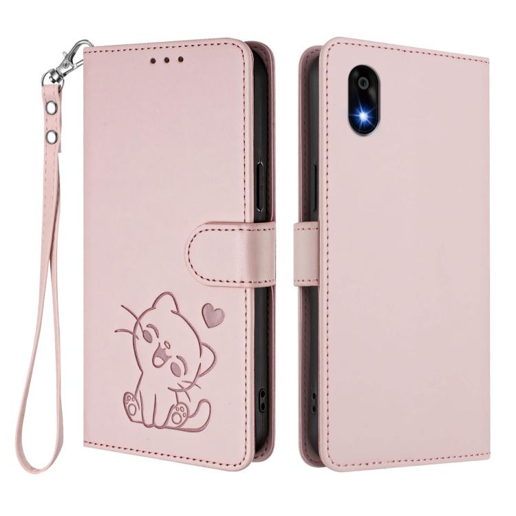 For ZTE Kantan Sumaho 4 A402ZT Embossed Heart Cat Leather Phone Case with Hand Strap
