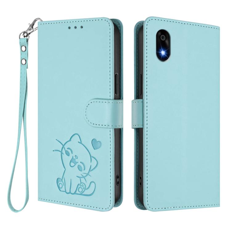 For ZTE Kantan Sumaho 4 A402ZT Embossed Heart Cat Leather Phone Case with Hand Strap