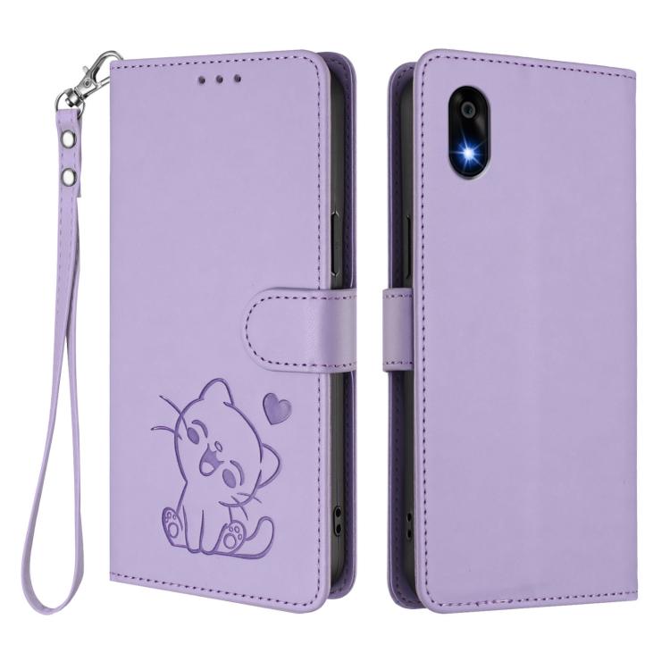 For ZTE Kantan Sumaho 4 A402ZT Embossed Heart Cat Leather Phone Case with Hand Strap