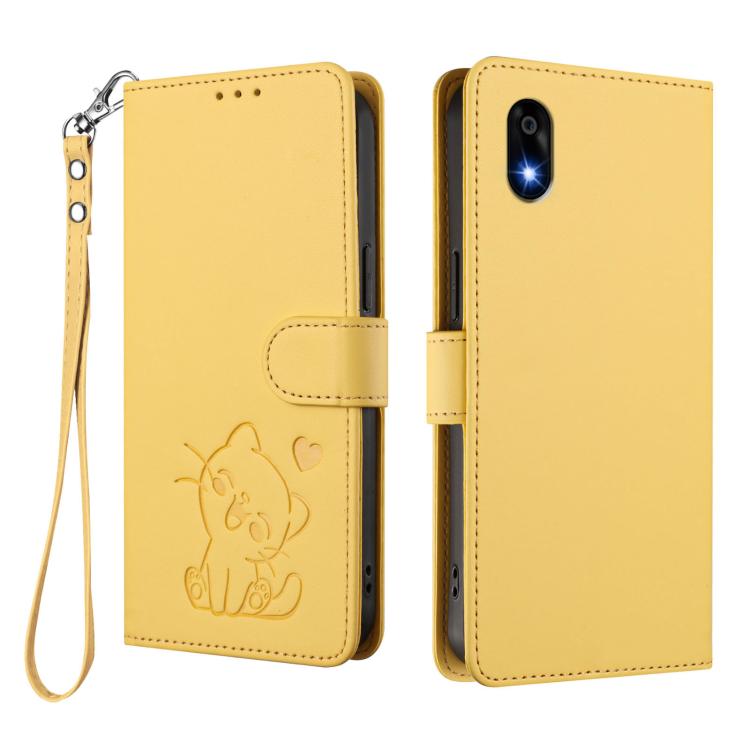 For ZTE Kantan Sumaho 4 A402ZT Embossed Heart Cat Leather Phone Case with Hand Strap