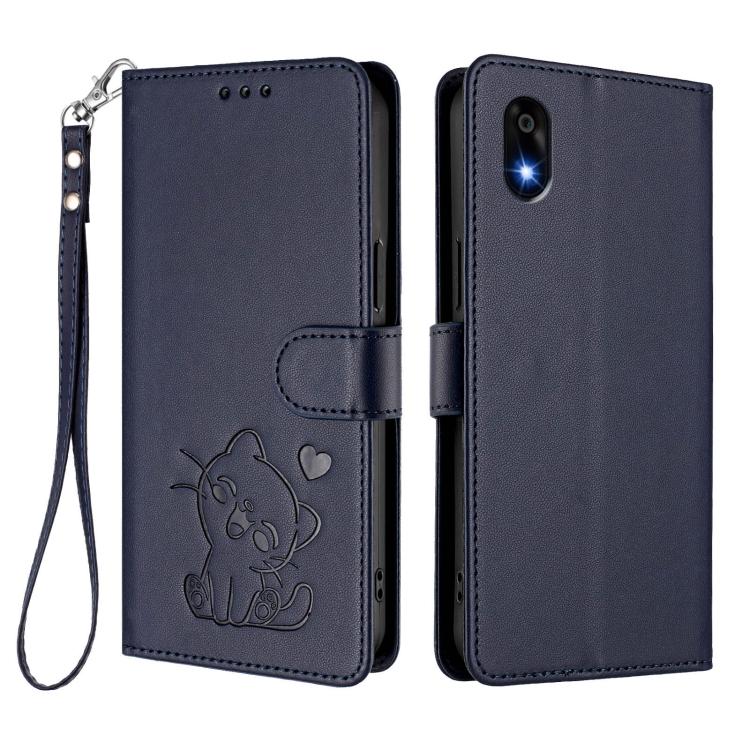 For ZTE Kantan Sumaho 4 A402ZT Embossed Heart Cat Leather Phone Case with Hand Strap