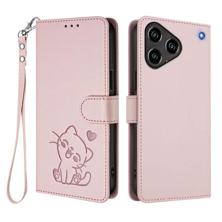 For ZTE Blade A76 4G Embossed Heart Cat Leather Phone Case with Hand Strap