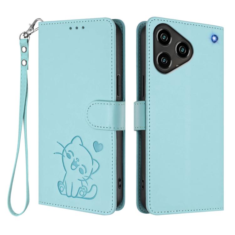 For ZTE Blade A76 4G Embossed Heart Cat Leather Phone Case with Hand Strap