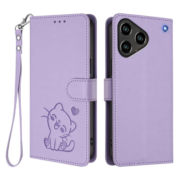 For ZTE Blade A76 4G Embossed Heart Cat Leather Phone Case with Hand Strap