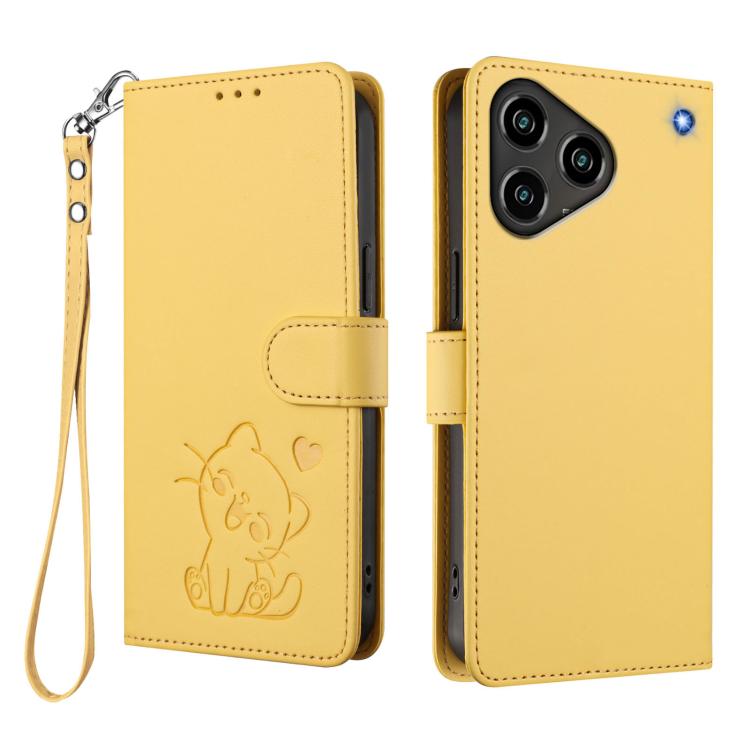 For ZTE Blade A76 4G Embossed Heart Cat Leather Phone Case with Hand Strap