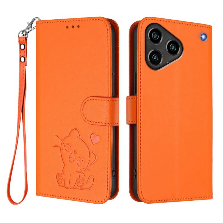 For ZTE Blade A76 4G Embossed Heart Cat Leather Phone Case with Hand Strap