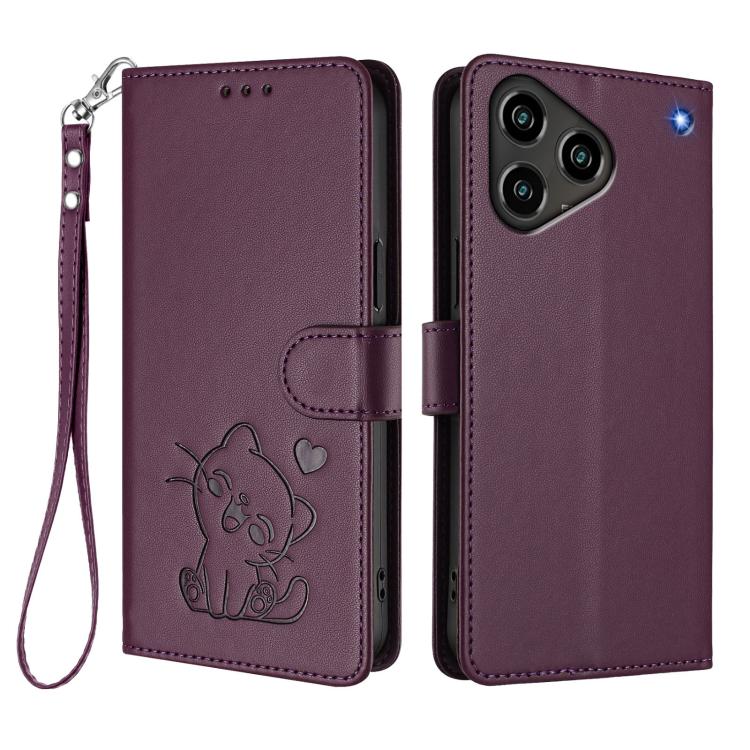 For ZTE Blade A76 4G Embossed Heart Cat Leather Phone Case with Hand Strap