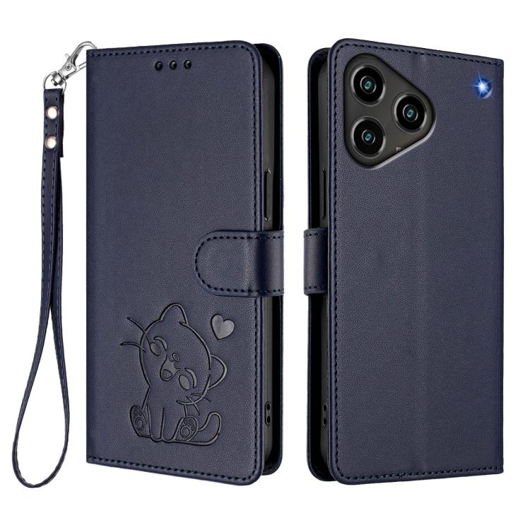 For ZTE Blade A76 4G Embossed Heart Cat Leather Phone Case with Hand Strap