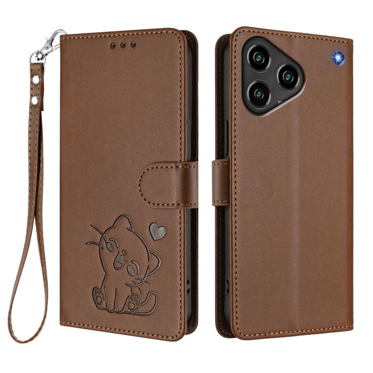 For ZTE Blade A76 4G Embossed Heart Cat Leather Phone Case with Hand Strap