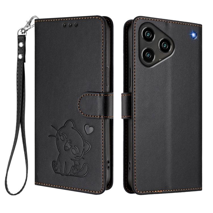 For ZTE Blade A76 4G Embossed Heart Cat Leather Phone Case with Hand Strap