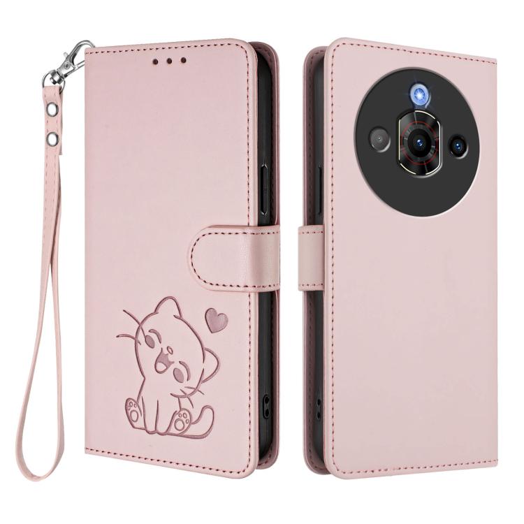For ZTE nubia Focus Pro 5G Embossed Heart Cat Leather Phone Case with Hand Strap