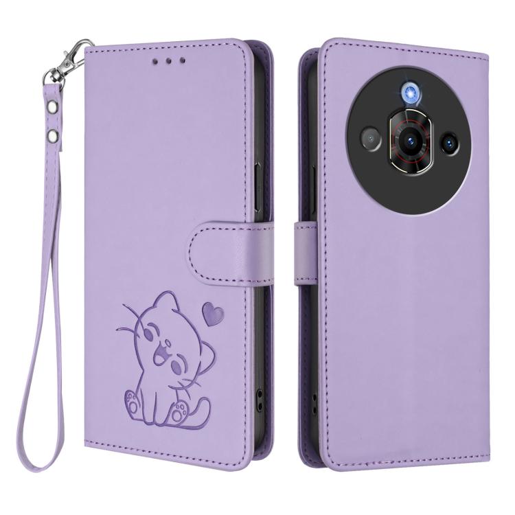 For ZTE nubia Focus Pro 5G Embossed Heart Cat Leather Phone Case with Hand Strap