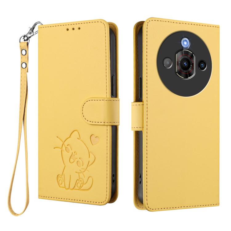 For ZTE nubia Focus Pro 5G Embossed Heart Cat Leather Phone Case with Hand Strap