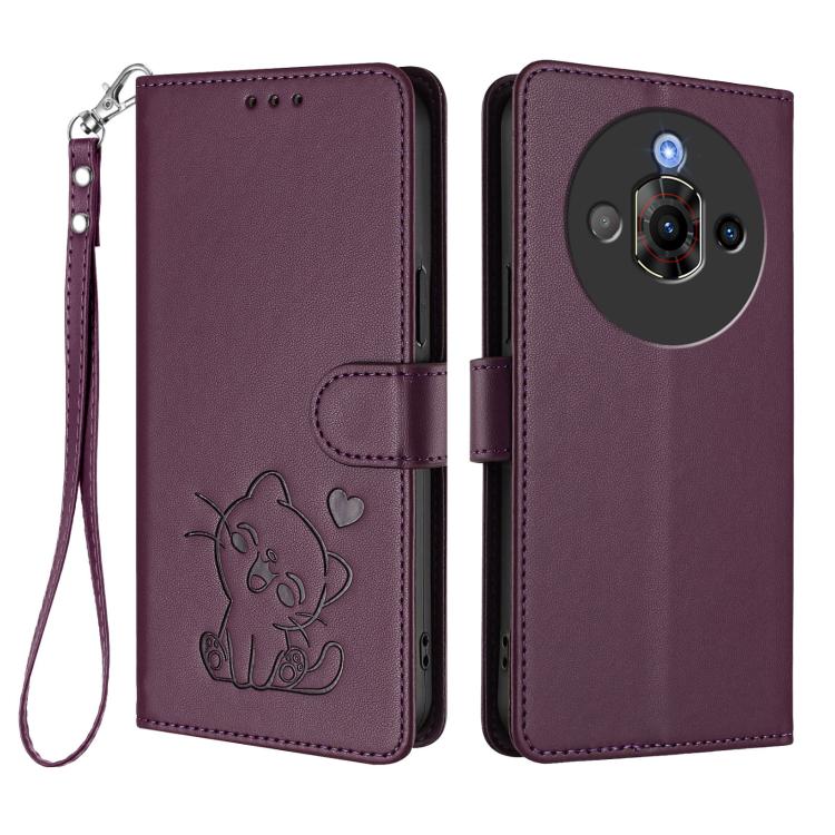 For ZTE nubia Focus Pro 5G Embossed Heart Cat Leather Phone Case with Hand Strap