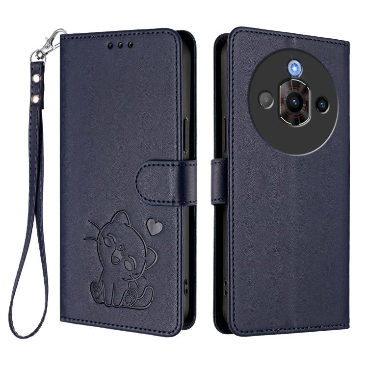 For ZTE nubia Focus Pro 5G Embossed Heart Cat Leather Phone Case with Hand Strap
