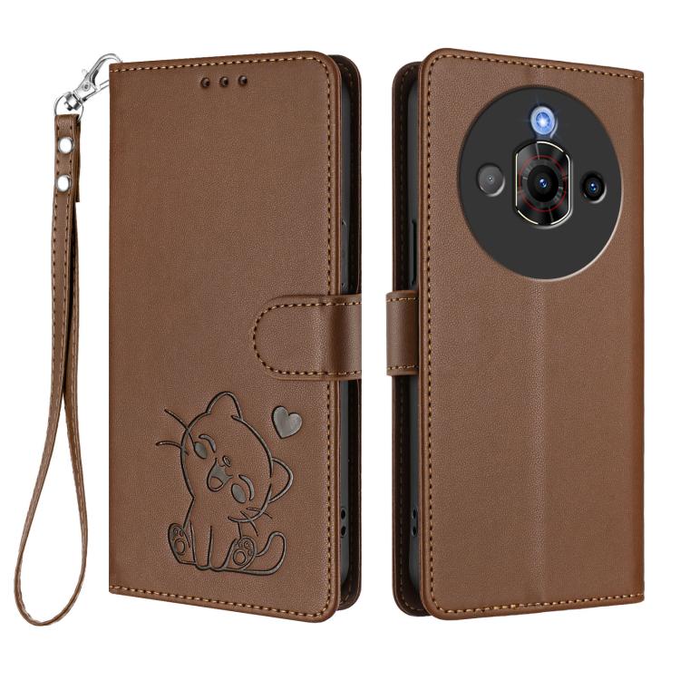 For ZTE nubia Focus Pro 5G Embossed Heart Cat Leather Phone Case with Hand Strap