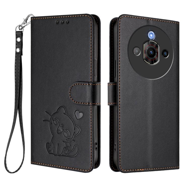 For ZTE nubia Focus Pro 5G Embossed Heart Cat Leather Phone Case with Hand Strap