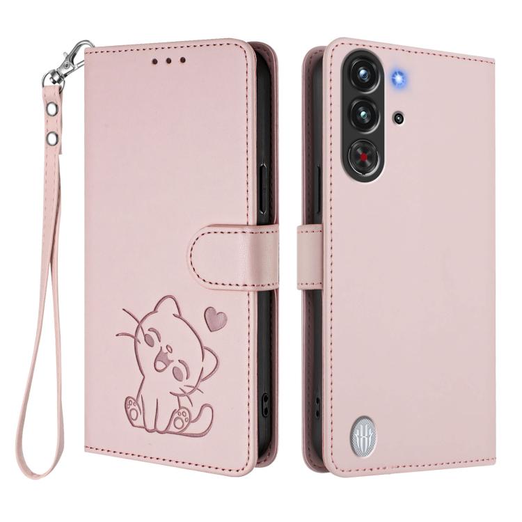 For ZTE nubia RedMagic 10 Pro Embossed Heart Cat Leather Phone Case with Hand Strap