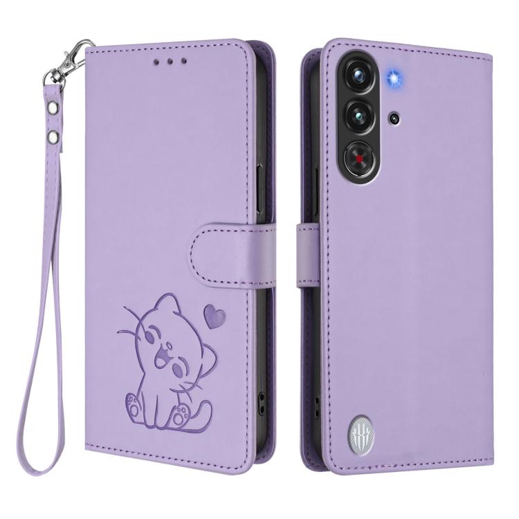For ZTE nubia RedMagic 10 Pro Embossed Heart Cat Leather Phone Case with Hand Strap