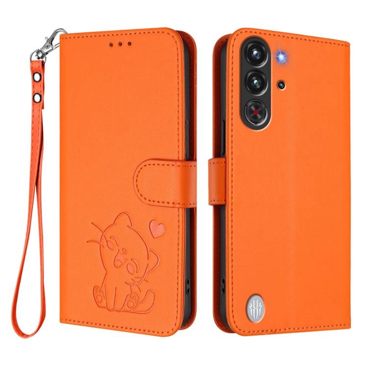 For ZTE nubia RedMagic 10 Pro Embossed Heart Cat Leather Phone Case with Hand Strap