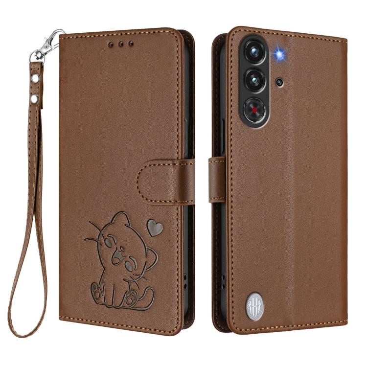 For ZTE nubia RedMagic 10 Pro Embossed Heart Cat Leather Phone Case with Hand Strap