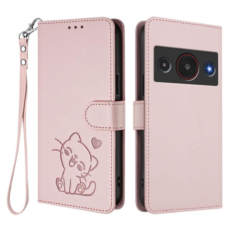 For ZTE Blade A75 Pro / Telstra T-Elite 5G Embossed Heart Cat Leather Phone Case with Hand Strap
