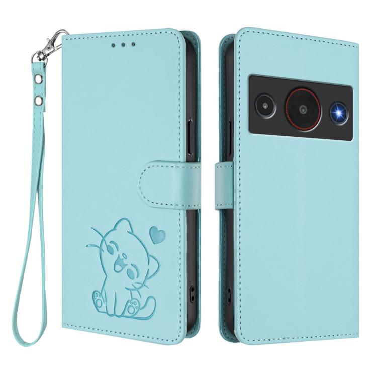 For ZTE Blade A75 Pro / Telstra T-Elite 5G Embossed Heart Cat Leather Phone Case with Hand Strap
