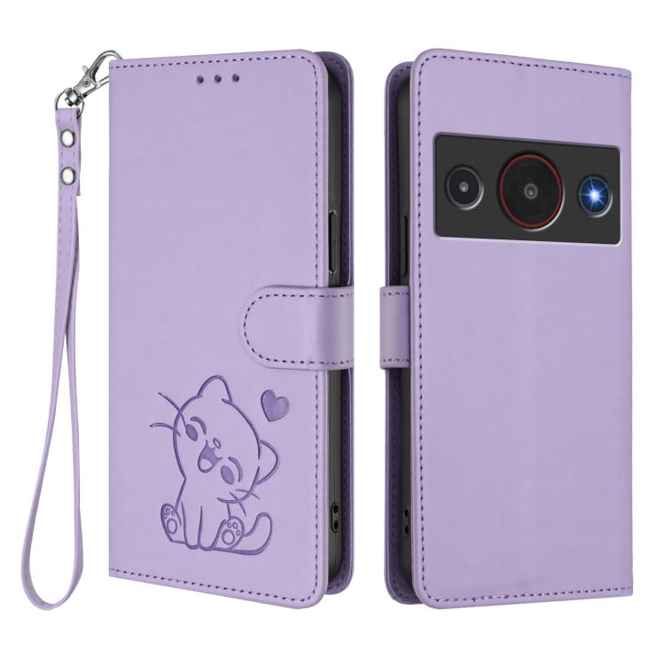 For ZTE Blade A75 Pro / Telstra T-Elite 5G Embossed Heart Cat Leather Phone Case with Hand Strap