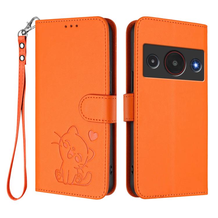 For ZTE Blade A75 Pro / Telstra T-Elite 5G Embossed Heart Cat Leather Phone Case with Hand Strap
