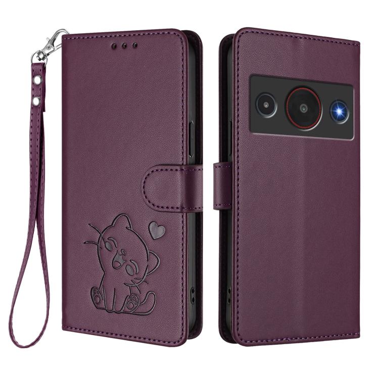 For ZTE Blade A75 Pro / Telstra T-Elite 5G Embossed Heart Cat Leather Phone Case with Hand Strap