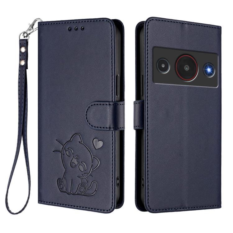 For ZTE Blade A75 Pro / Telstra T-Elite 5G Embossed Heart Cat Leather Phone Case with Hand Strap