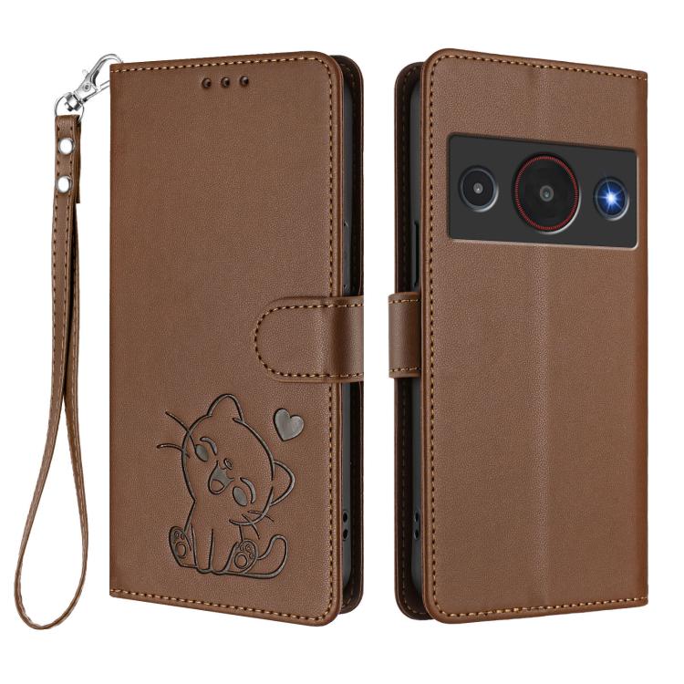 For ZTE Blade A75 Pro / Telstra T-Elite 5G Embossed Heart Cat Leather Phone Case with Hand Strap