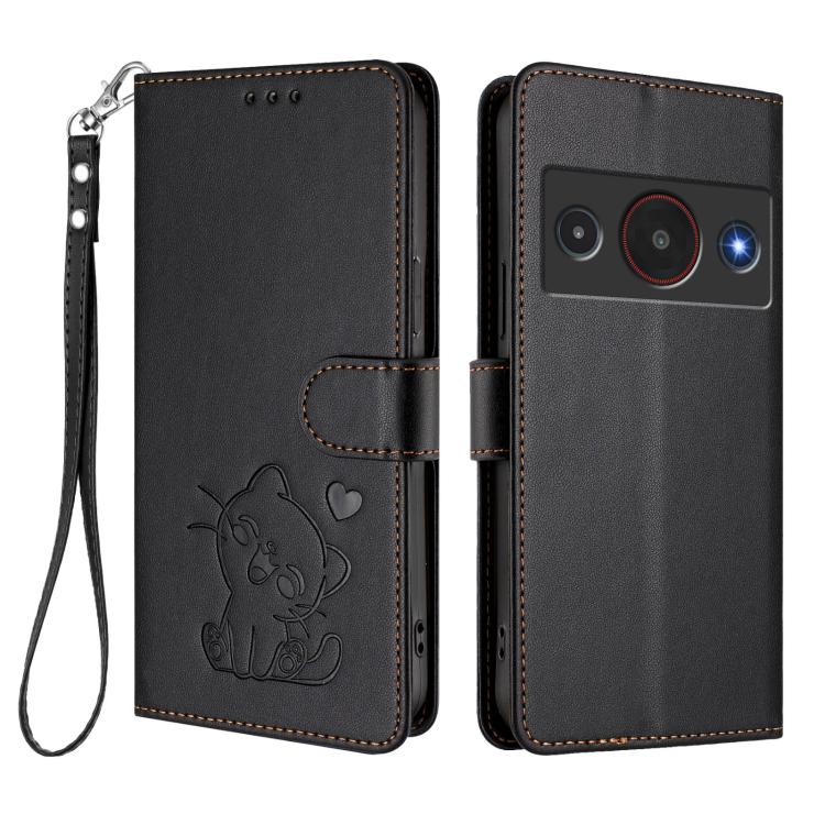 For ZTE Blade A75 Pro / Telstra T-Elite 5G Embossed Heart Cat Leather Phone Case with Hand Strap
