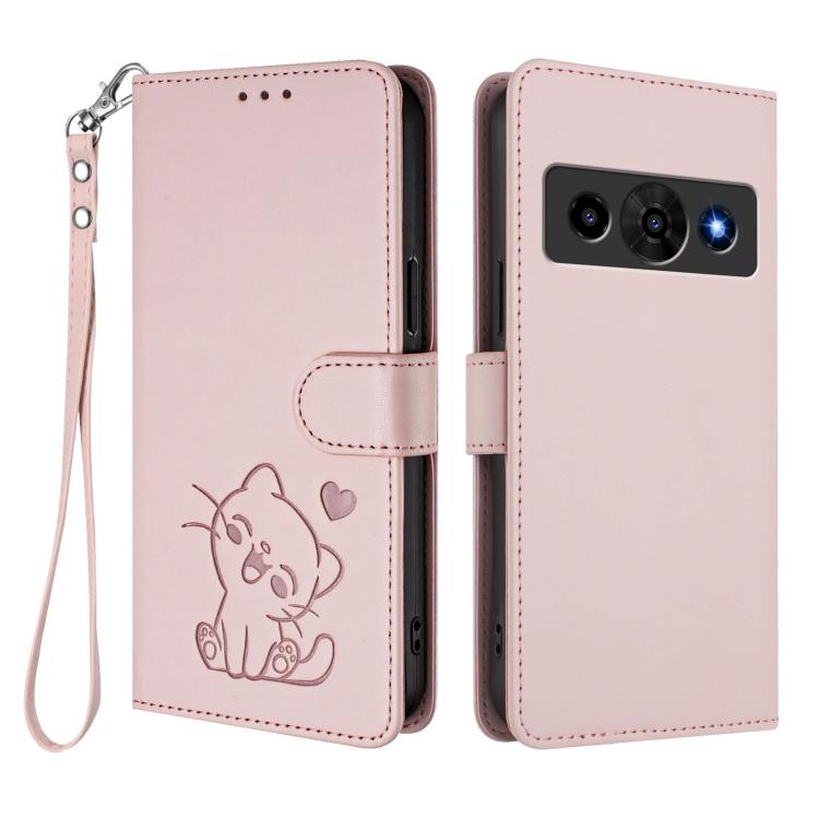 For ZTE nubia P7 Pro 5G / Optus X Value 5G Embossed Heart Cat Leather Phone Case with Hand Strap