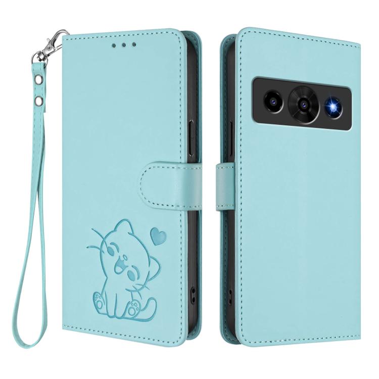 For ZTE nubia P7 Pro 5G / Optus X Value 5G Embossed Heart Cat Leather Phone Case with Hand Strap