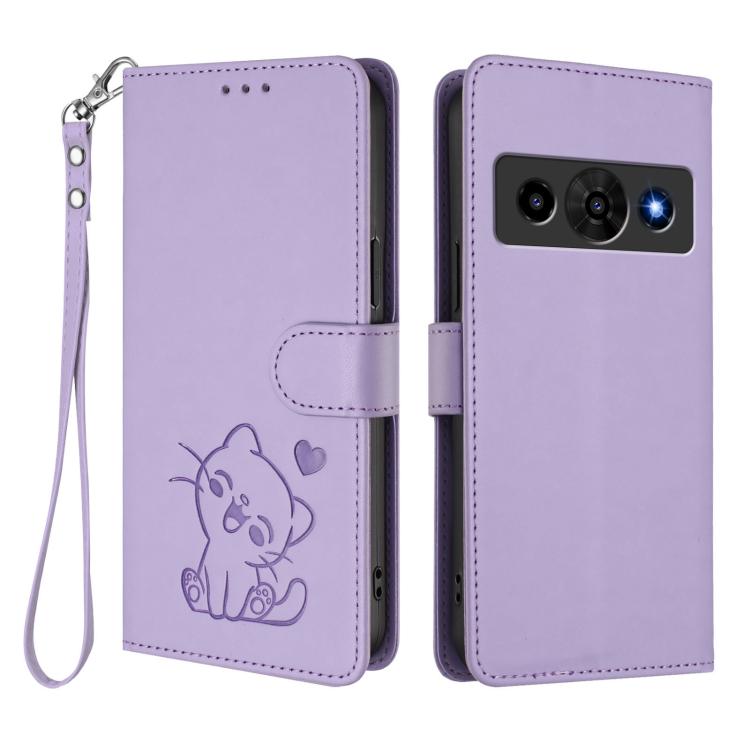 For ZTE nubia P7 Pro 5G / Optus X Value 5G Embossed Heart Cat Leather Phone Case with Hand Strap