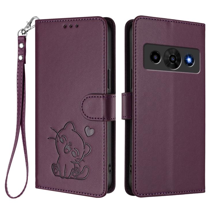 For ZTE nubia P7 Pro 5G / Optus X Value 5G Embossed Heart Cat Leather Phone Case with Hand Strap