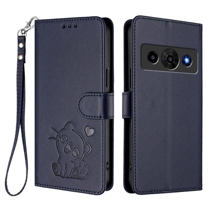 For ZTE nubia P7 Pro 5G / Optus X Value 5G Embossed Heart Cat Leather Phone Case with Hand Strap