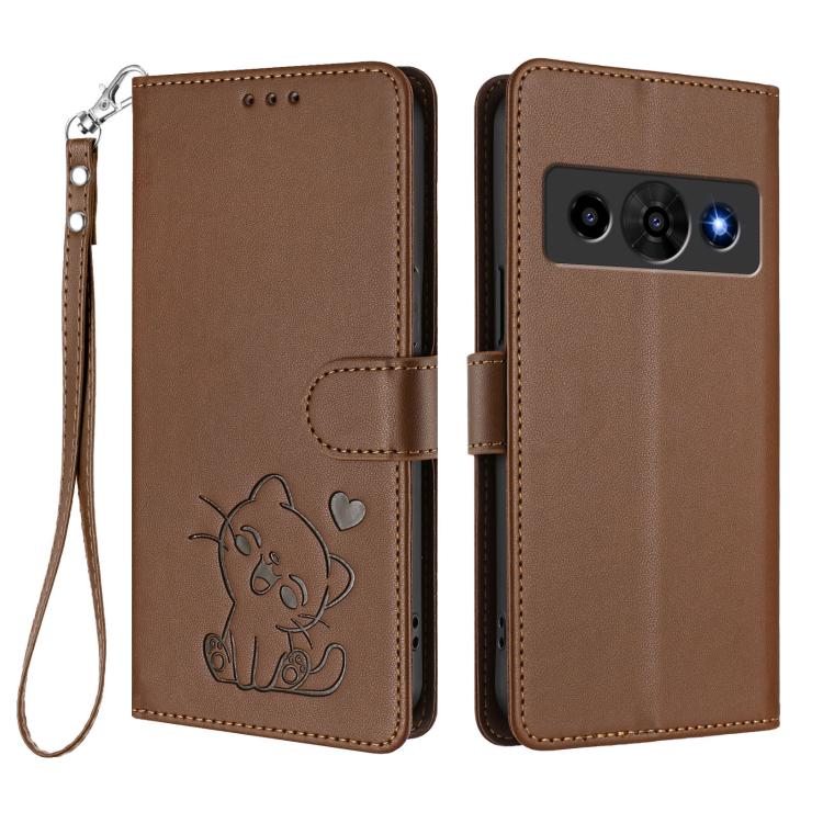 For ZTE nubia P7 Pro 5G / Optus X Value 5G Embossed Heart Cat Leather Phone Case with Hand Strap