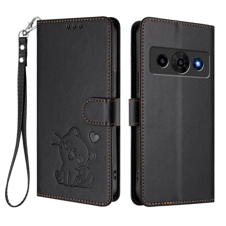 For ZTE nubia P7 Pro 5G / Optus X Value 5G Embossed Heart Cat Leather Phone Case with Hand Strap