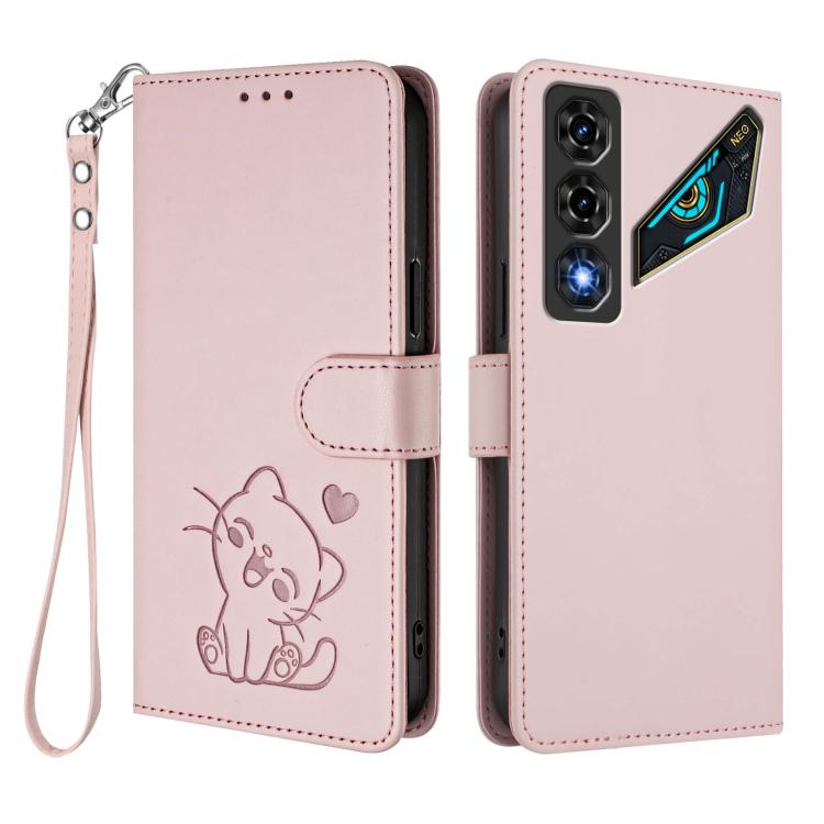 For ZTE nubia Neo 5 5G Embossed Heart Cat Leather Phone Case with Hand Strap