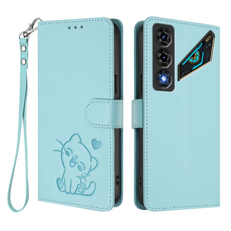 For ZTE nubia Neo 5 5G Embossed Heart Cat Leather Phone Case with Hand Strap