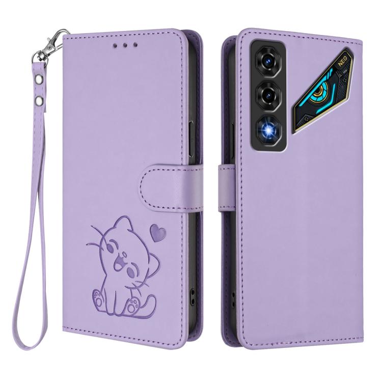 For ZTE nubia Neo 5 5G Embossed Heart Cat Leather Phone Case with Hand Strap