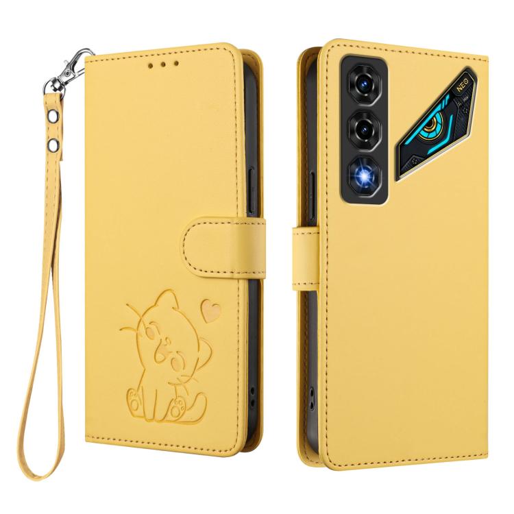 For ZTE nubia Neo 5 5G Embossed Heart Cat Leather Phone Case with Hand Strap
