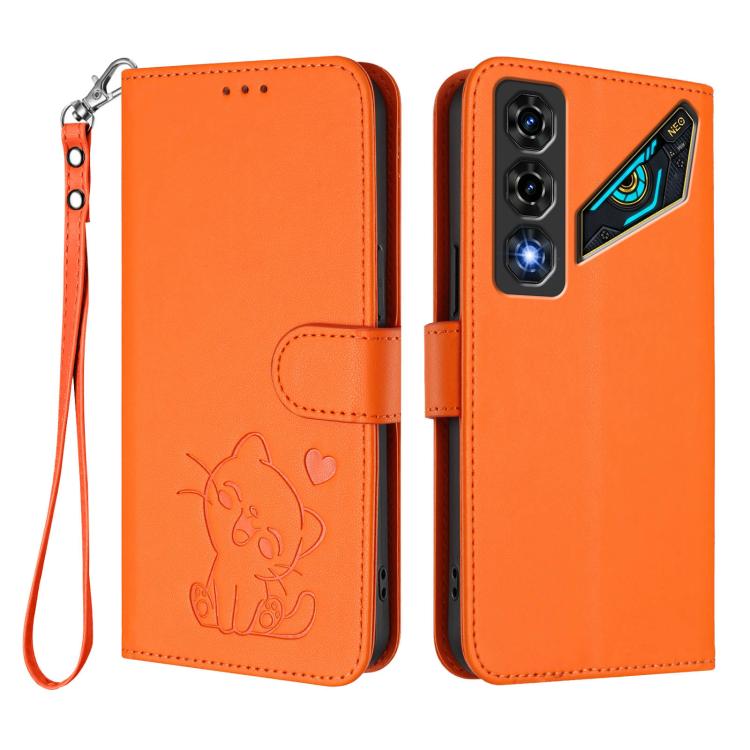 For ZTE nubia Neo 5 5G Embossed Heart Cat Leather Phone Case with Hand Strap