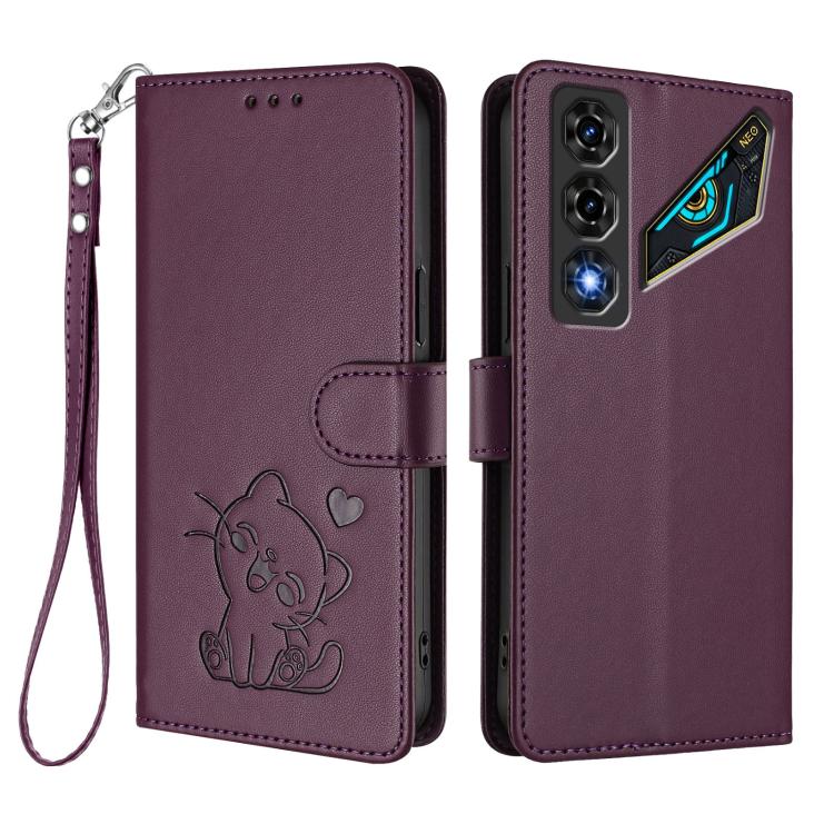 For ZTE nubia Neo 5 5G Embossed Heart Cat Leather Phone Case with Hand Strap