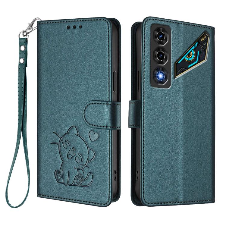 For ZTE nubia Neo 5 5G Embossed Heart Cat Leather Phone Case with Hand Strap