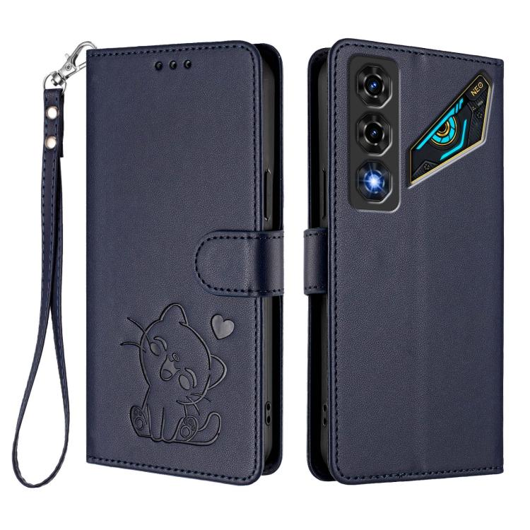 For ZTE nubia Neo 5 5G Embossed Heart Cat Leather Phone Case with Hand Strap