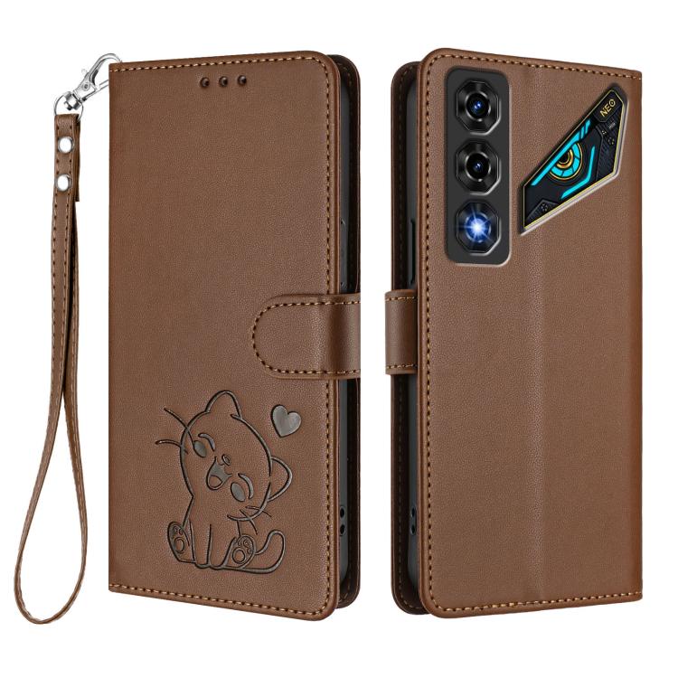 For ZTE nubia Neo 5 5G Embossed Heart Cat Leather Phone Case with Hand Strap