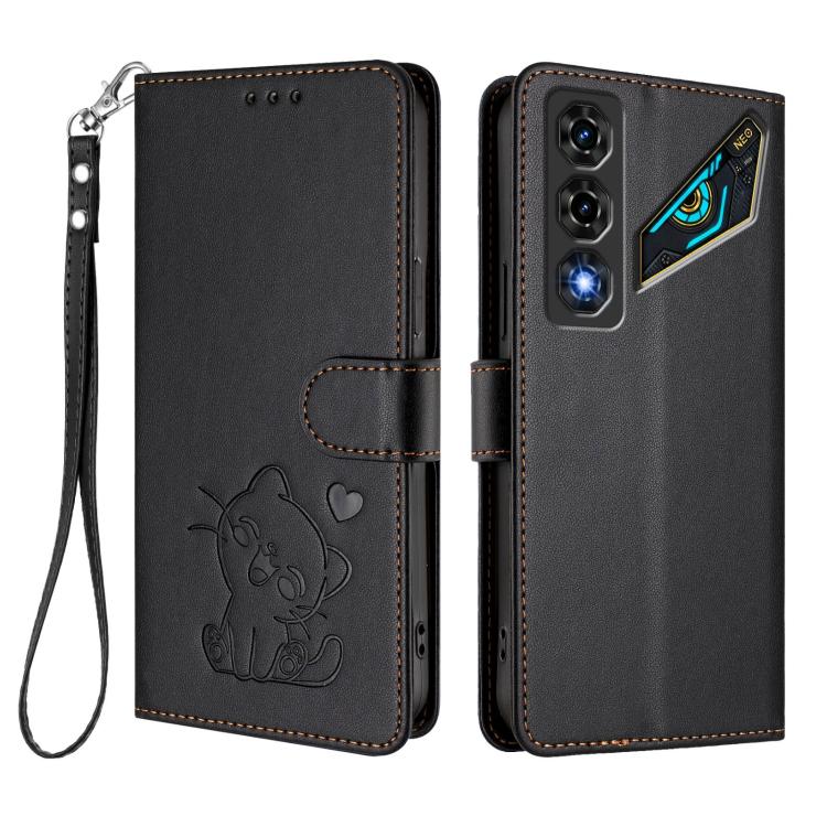 For ZTE nubia Neo 5 5G Embossed Heart Cat Leather Phone Case with Hand Strap